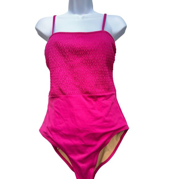 Old Navy Womens Smocked Bandeau One-Piece Swimsuit Size M Hot Pink Stretch Beach - Picture 2 of 11